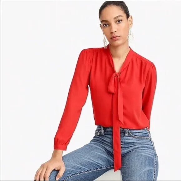 J. Crew 100% Silk Red Bow Long Sleeve Button Down Blouse Top Size 2 - Picture 1 of 9